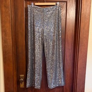 LOFT Clean Wide Leg Pants in Silver Sequin, Size 10P